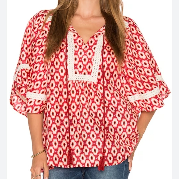 Kate Spade 100% Silk Posy Ikat Bohemian Red Patterned Women's Top - Picture 1 of 10